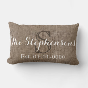 Custom White/ Burlap-Look Rustic Wedding/Family Lumbar Pillow