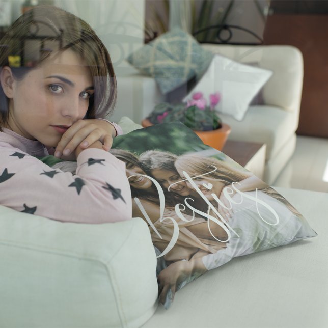 Custom White Calligraphy Besties, Photo & Text Throw Pillow (Creator Uploaded)