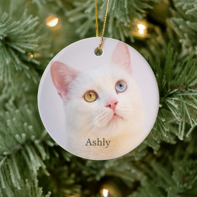 Custom White Cat Photo Personalized Ceramic Ornament (Tree)