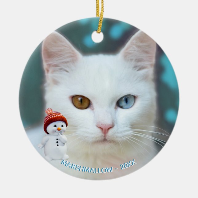 Custom White Cat Photo with Cute Snowman Ceramic Ornament (Front)