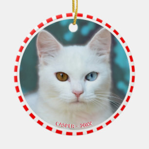 Custom White Cat Photo with Red & White Frame Ceramic Ornament