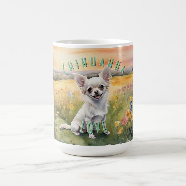 Custom White Chihuahua Sunrise, Miniature Love Coffee Mug (Center)