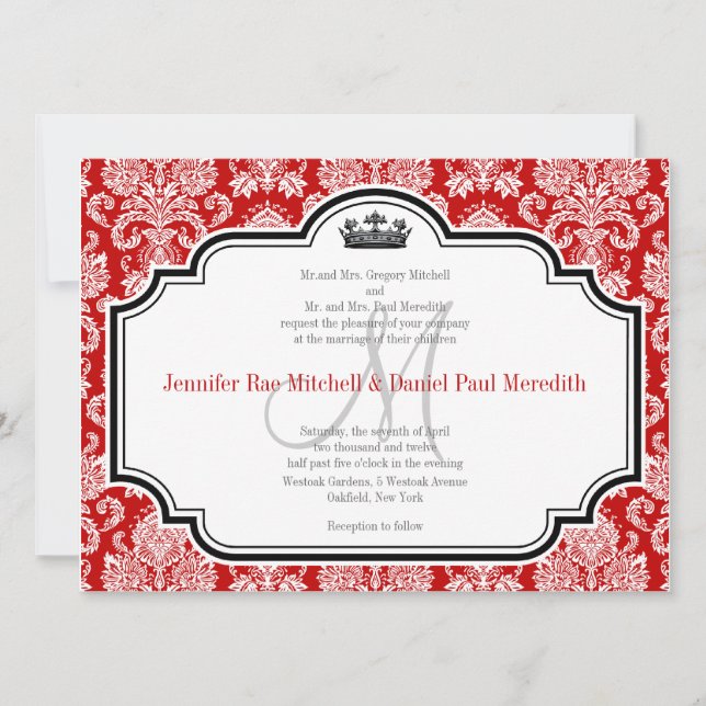 Custom White Damask Red Black Wedding Invitations (Front)