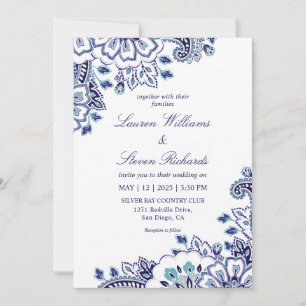 Custom White Dark Blue Coloured Paisley Wedding Invitation