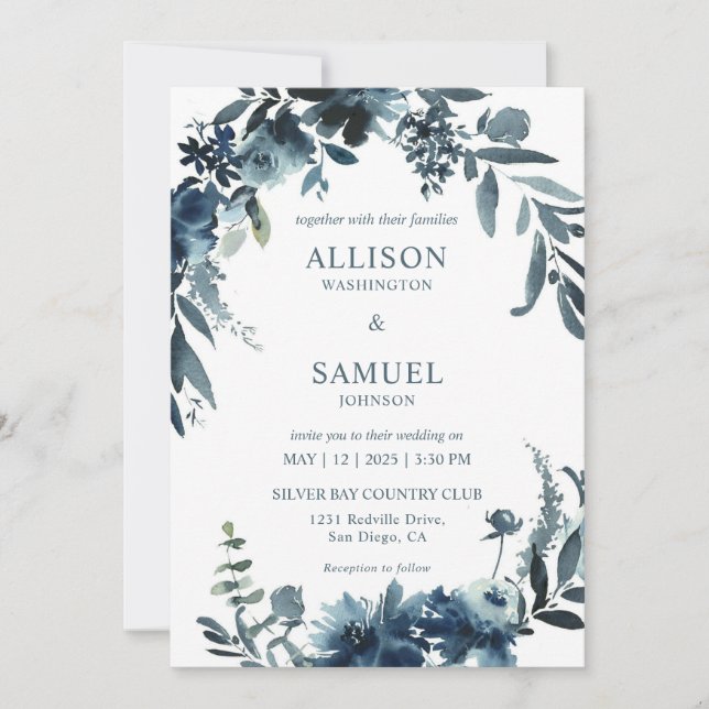 Custom White Dark Blue Indigo Flowers Wedding Invitation (Front)