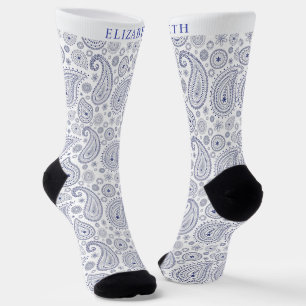 Custom White Dark Navy Blue Paisley Pattern Socks