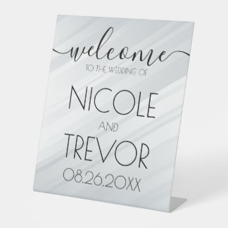 Custom White Diagonal Lines Welcome Wedding Pedestal Sign