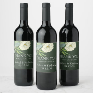 Custom White Floral And Emerald Green Thank You Wine Label