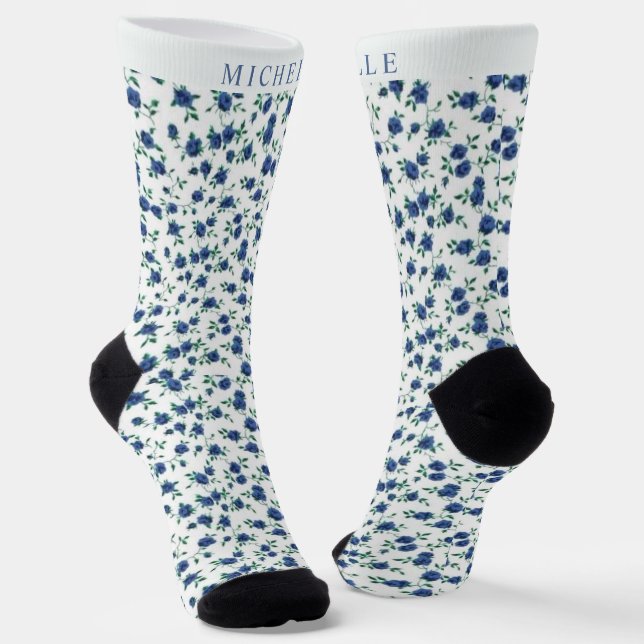 Custom White Floral Light Dark Blue Flowers Socks (Angled)