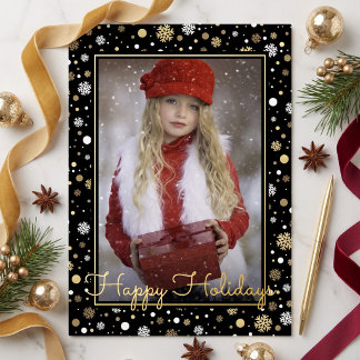Custom White Gold Snowflakes On Black Holiday Card