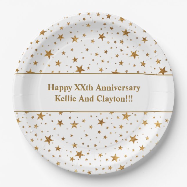 Custom White/Gold Stars With Message Anniversary Paper Plate (Front)