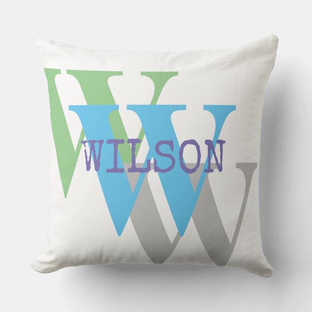 custom white green gray monogram name Throw Pillow (Front)