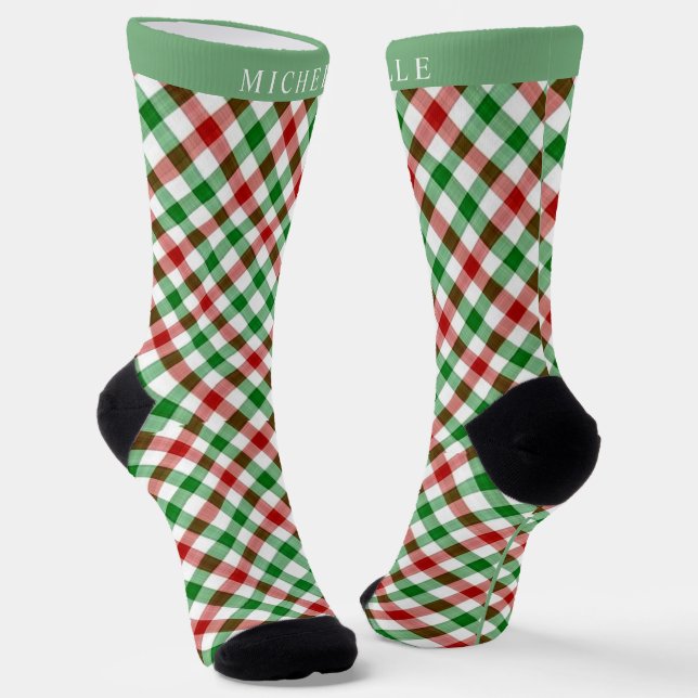 Custom White Green Red Chequered Pattern Socks (Angled)