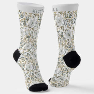 Custom White Grey Green Paisley Pattern Socks