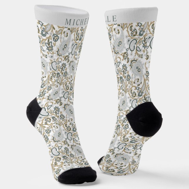 Custom White Grey Green Paisley Pattern Socks (Angled)
