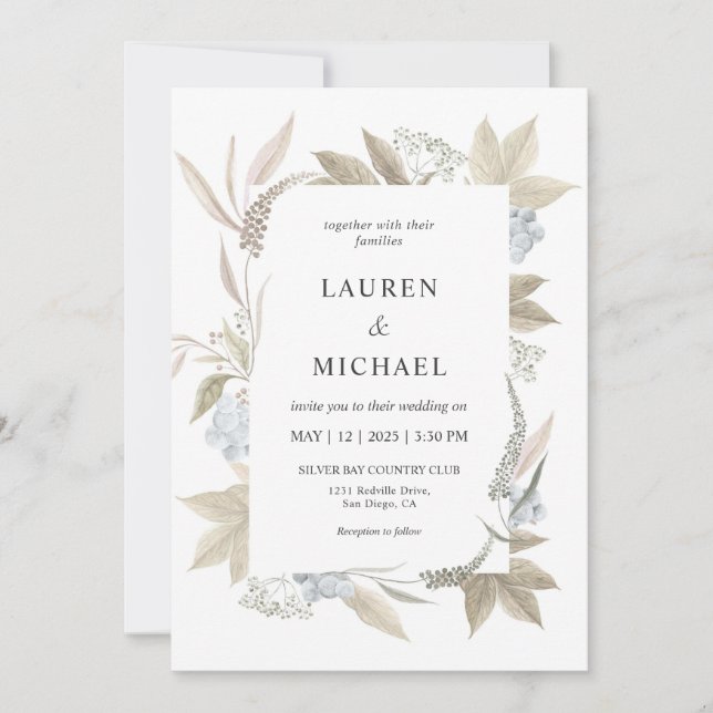 Custom White Grey Leaf Blue Berry Wedding Invitation (Front)