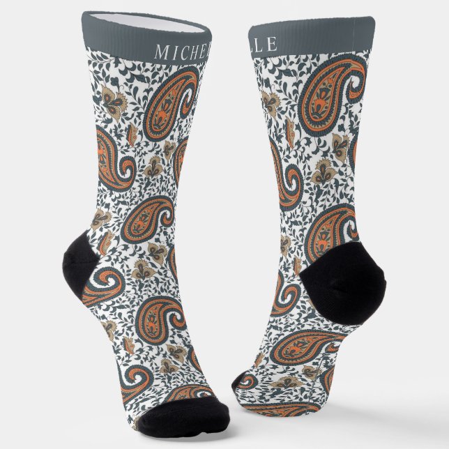 Custom White Grey Orange Paisley Pattern Socks (Angled)