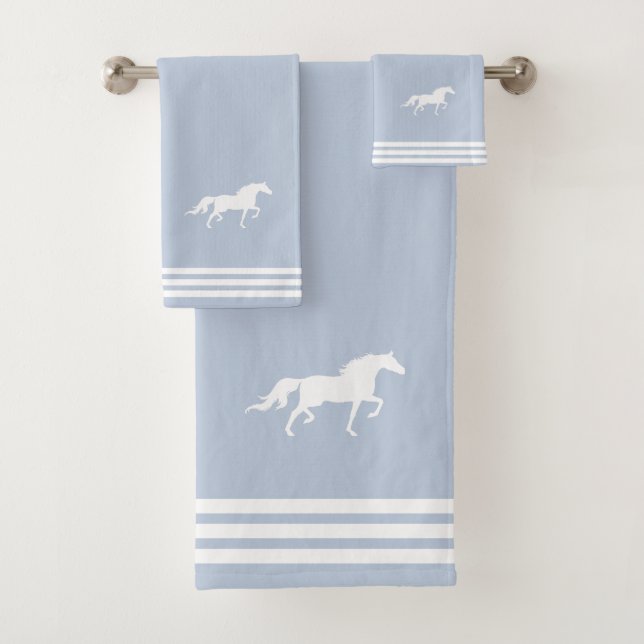 Custom White Horse & Three Stripes on Light Blue Bath Towel Set (Insitu)