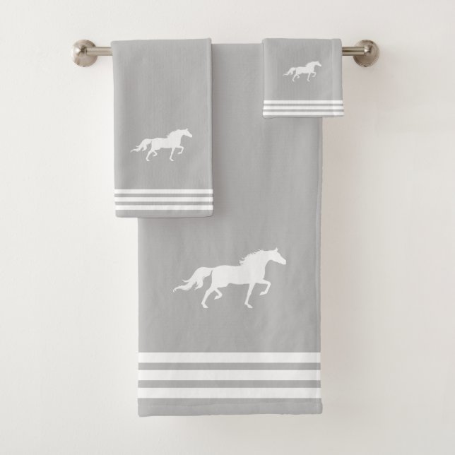 Custom White Horse & Three Stripes on Light Grey Bath Towel Set (Insitu)