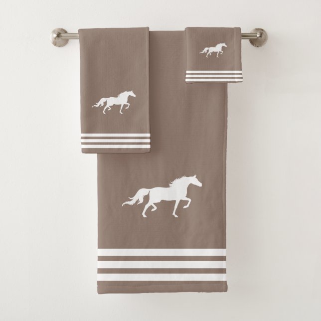 Custom White Horse &amp; Three Stripes on Lucky Beige Bath Towel Set (Insitu)