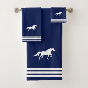 Custom White Horse & Three Stripes on Navy Blue Bath Towel Set
