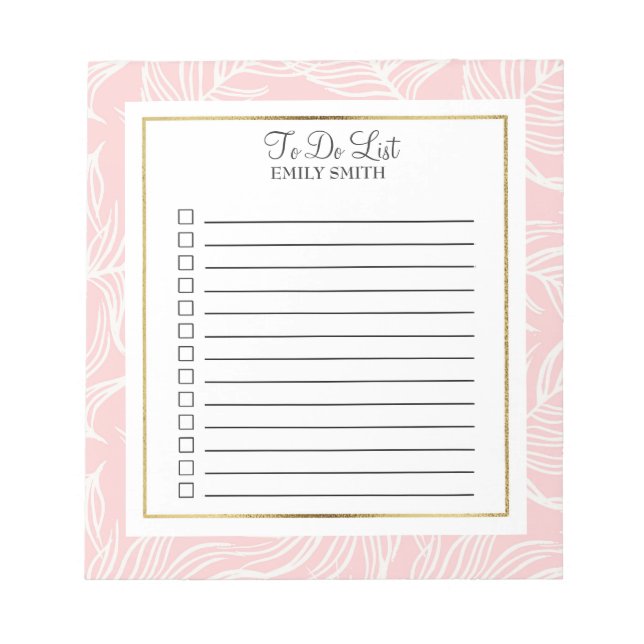 Custom White Leaves on Soft Pink To Do Notepad (Front)