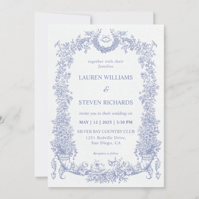 Custom White Light Blue Baroque Blooms Wedding Invitation (Front)