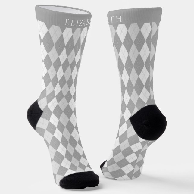 Custom White Light Dark Grey Argyle Pattern Socks (Angled)