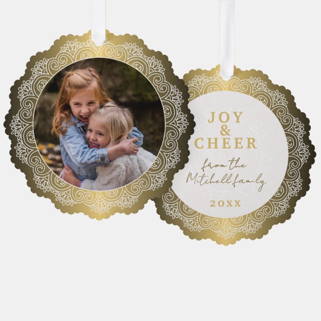 Custom White Mandala Wreath On Faux Gold Ornament Card (Front/Back)