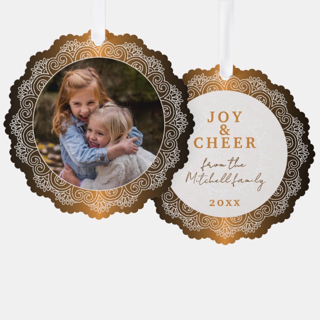 Custom White Mandala Wreath On Faux Red Copper Ornament Card (Front/Back)