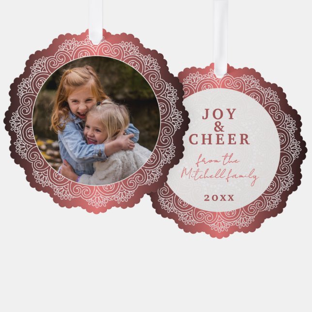 Custom White Mandala Wreath On Faux Red Metal Ornament Card (Front/Back)