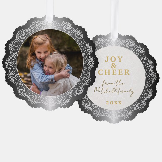 Custom White Mandala Wreath On Faux Silver Ornament Card (Front/Back)