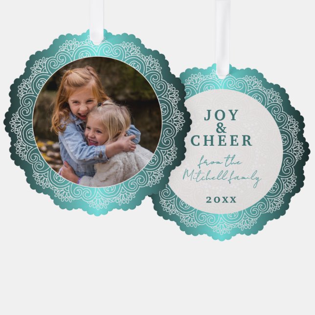 Custom White Mandala Wreath On Ocean Blue Ornament Card (Front/Back)