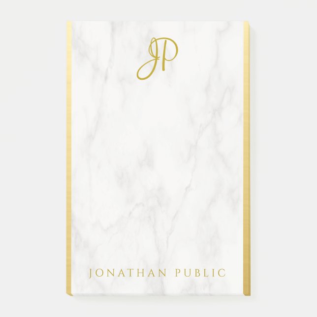 Custom White Marble Gold Script Monogram Template Post-it Notes (Front)
