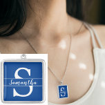 Custom White Monogram Initial Name Blue Square Silver Plated Necklace<br><div class="desc">Personalize this Monogram Initial or Name product. Looks good on anything. ⭐PERSONALIZE this template with your artwork. ⭐EDIT it further to make more changes. ⭐TRANSFER this design to any product. Visit all my stores at bit.ly/SandyspiderStores (cut and paste).</div>