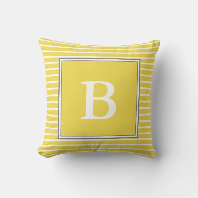 Custom White Monogram on White Grey and Yellow Throw Pillow (Front)