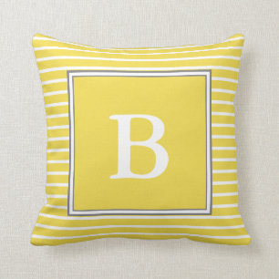 Custom White Monogram on White Grey and Yellow Throw Pillow