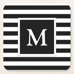 Custom White Monogram with Black and White Stripes Square Paper Coaster