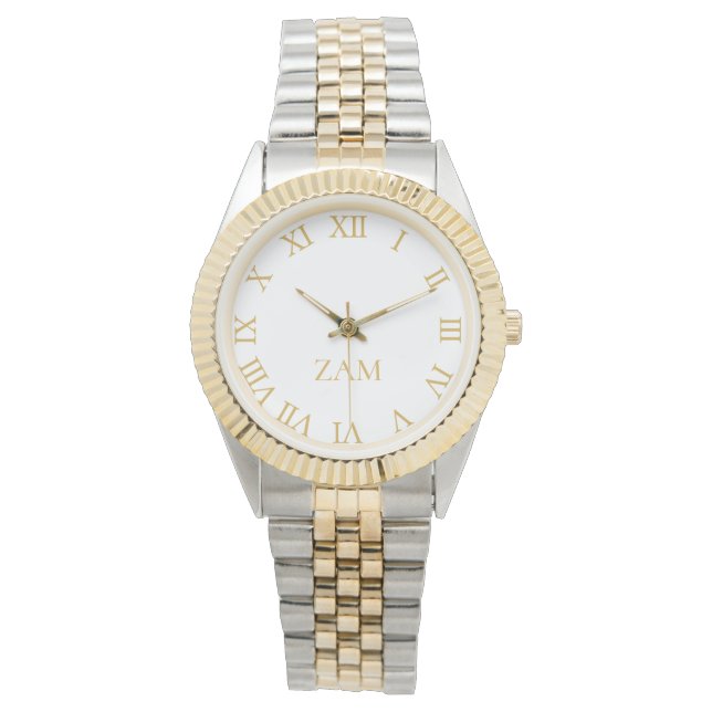 Custom white Monogrammed Gold Silver Tone Bracelet Watch (Front)