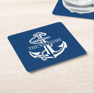 Custom White Nautical Anchor On Dark Navy Blue Square Paper Coaster