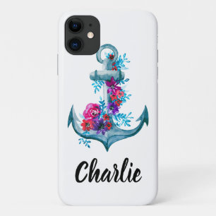 Custom White Nautical Floral Watercolor Anchor iPhone 11 Case