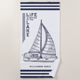 Custom White Navy Blue Life is Better at the Lake Beach Towel