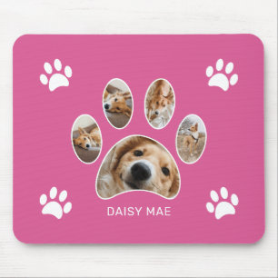 Custom White Paw Print Name Photo Collage Pink Mouse Pad