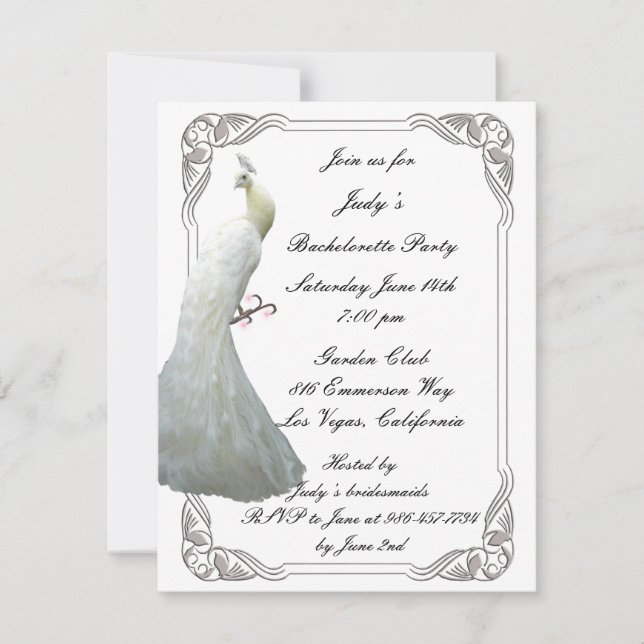 Custom White Peacock Bachelorette Party Invitation (Front)