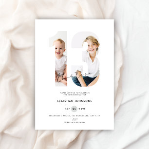 Custom White Photo Boys Number 13th Birthday Invitation