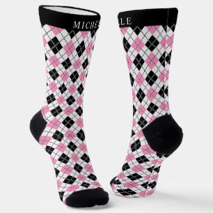 Custom White Pink Black Chequered Argyle Pattern Socks
