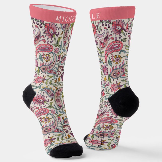 Custom White Pink Blue Paisley Pattern Socks (Angled)