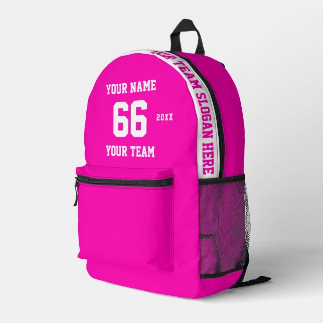 Custom white pink Name, Number, Team Sport Printed Backpack (Back Corner Right)