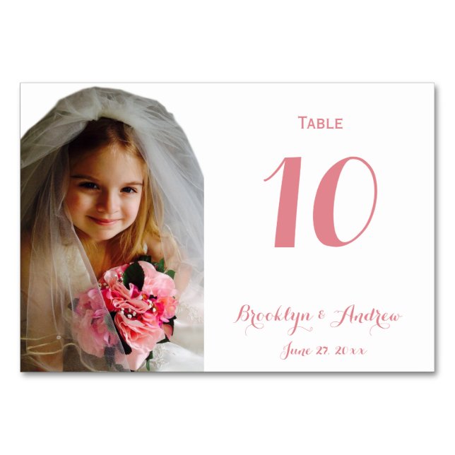 Custom White Pink Photo Wedding Table Numbers (Front)