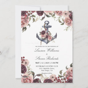 Custom White Pink Purple Anchor And Floral Frame Invitation